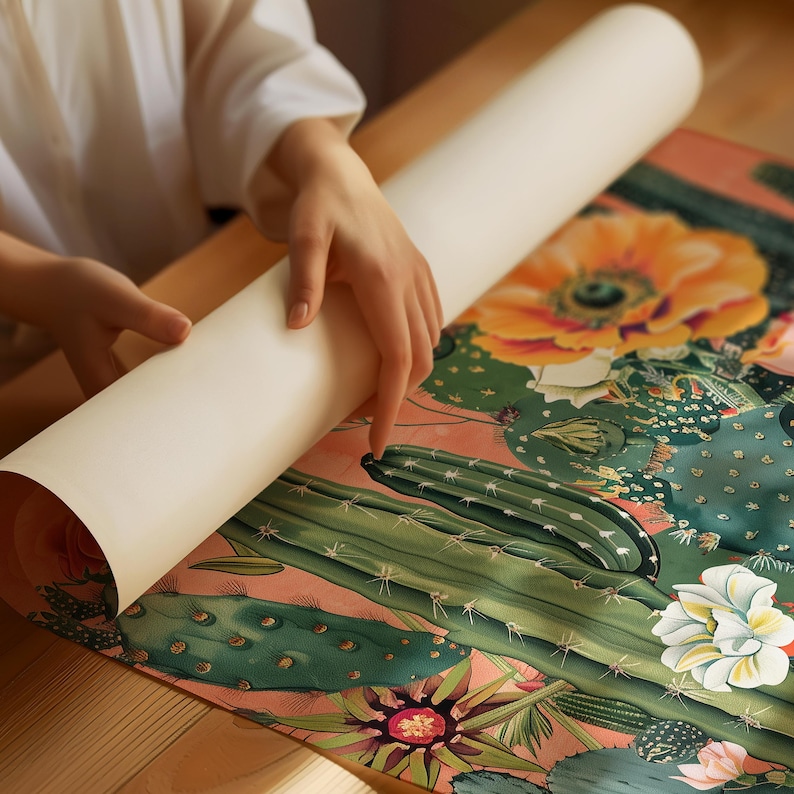 May include: A rolled up poster with a pink background and a colorful illustration of cacti and flowers. The poster is being unrolled by a person's hand.