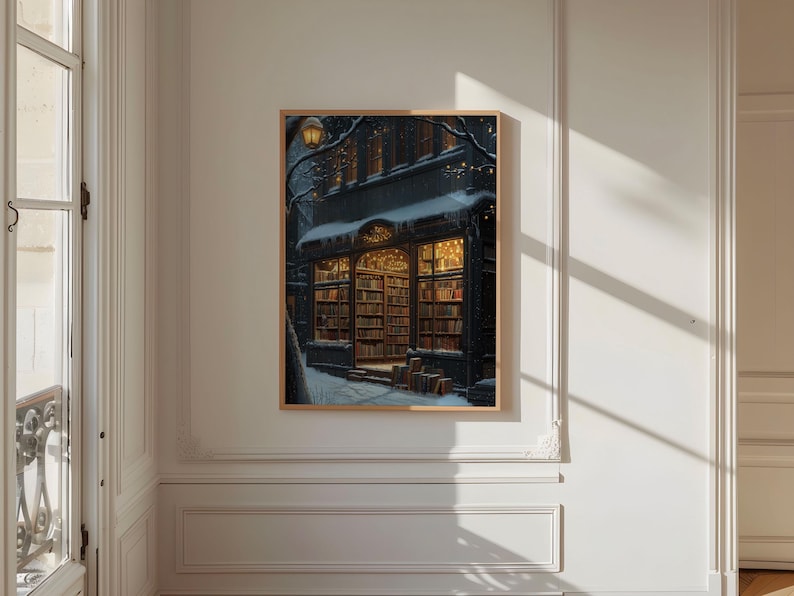 May include: A nighttime view of a bookstore with a snow-covered awning and a lit street lamp. The windows are filled with books and the door is open. The building is decorated with Christmas lights.