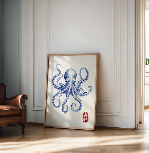Blue octopus Print, Japanese wall art Print, Vintage Print, Trendy Wall Art, Aesthetic Wall Art, Octopus Poster, Japanese Print, Gift Idea