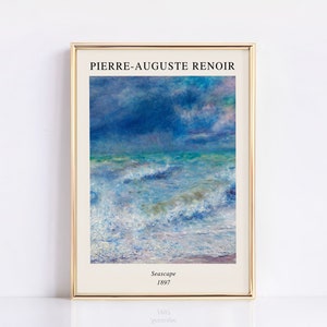 May include: A framed print of a seascape painting by Pierre-Auguste Renoir. The painting depicts a stormy sea with blue and white waves crashing against the shore. The sky is a stormy blue with white clouds. The painting is titled "Seascape" and dated 1897.
