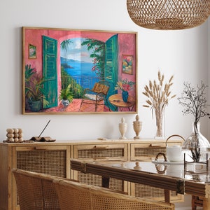 May include: A painting of a seascape with a view from an open window. The window is framed in green and the scene is painted in shades of blue, green, and pink. The painting is framed in a wooden frame.