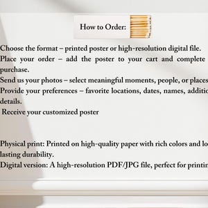 May include: White rectangular sign with the text "How to Order:" followed by numbered steps for ordering a customized poster. Includes details about physical prints and digital versions.