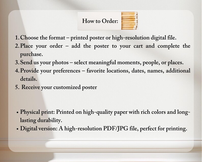 May include: White rectangular sign with the text "How to Order:" followed by numbered steps for ordering a customized poster. Includes details about physical prints and digital versions.
