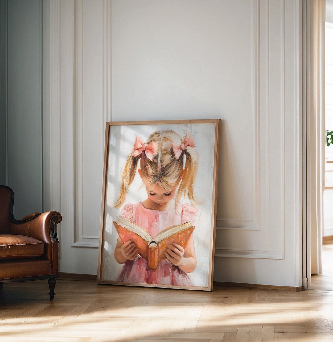 Little Girl Reading Book Print, Pastel Book Nook Wall Art Print, Pink ...