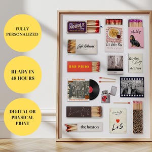 May include: A framed print featuring various matchbox designs with text like "The Noodle Shop", "Caf&eacute; Kitsun&eacute;", and "Bar Primi". Other elements include a vinyl record, a lighter, and a photo strip. The print is labeled "FULLY PERSONALIZED", "READY IN 48 HOURS", and "DIGITAL OR PHYSICAL PRINT".