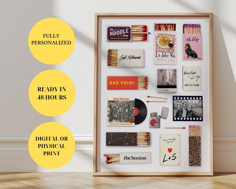 May include: A framed print featuring various matchbox designs with text like "The Noodle Shop", "Caf&eacute; Kitsun&eacute;", and "Bar Primi". Other elements include a vinyl record, a lighter, and a photo strip. The print is labeled "FULLY PERSONALIZED", "READY IN 48 HOURS", and "DIGITAL OR PHYSICAL PRINT".