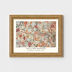 May include: A framed print of a vintage floral pattern in shades of red, green, blue, and white. The print is titled "William Morris - Morris & Company, 1866."