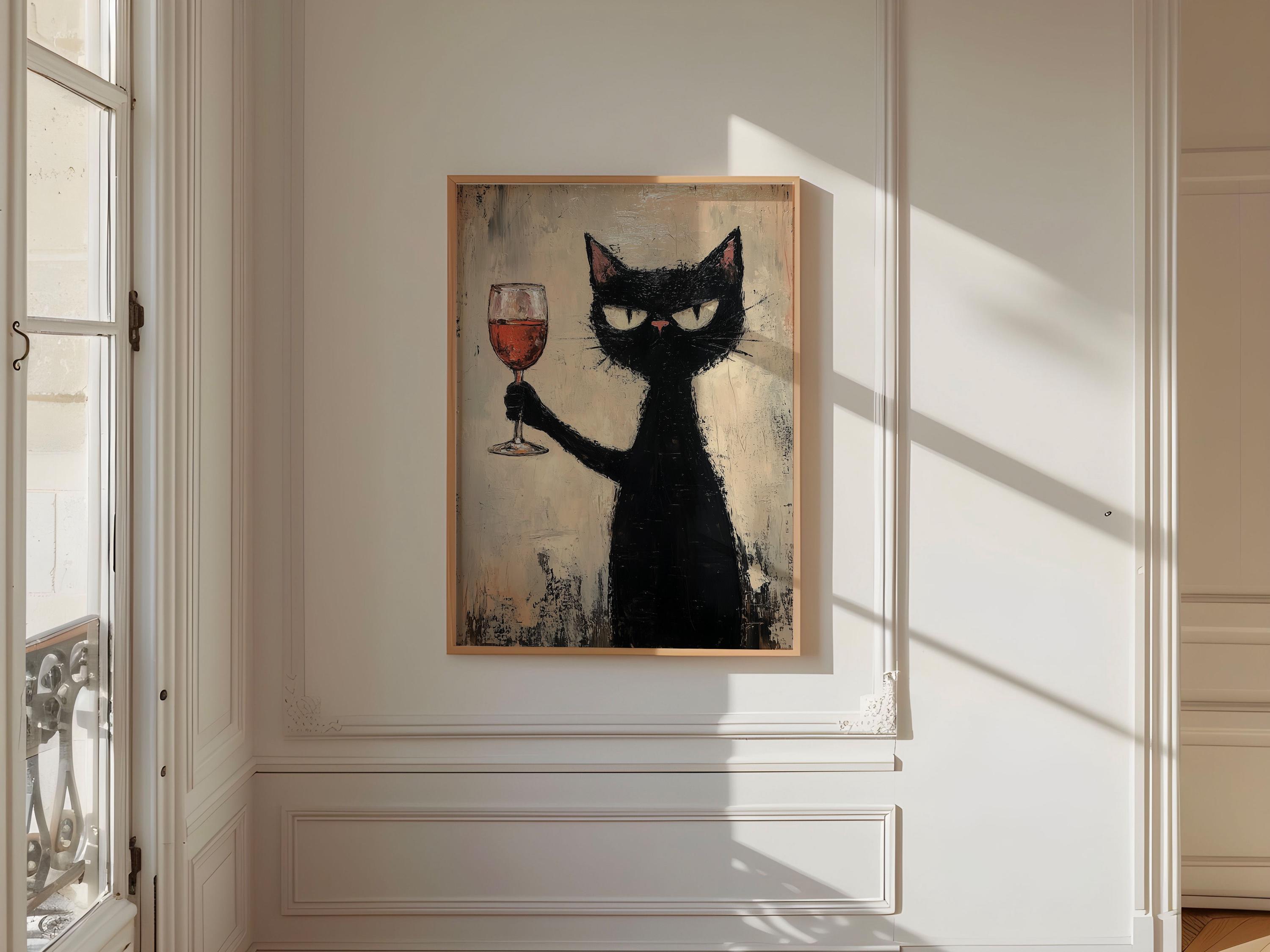 Black Cat With Wine Poster, Black Cat Art Print, Cat Lovers Gift Print ...