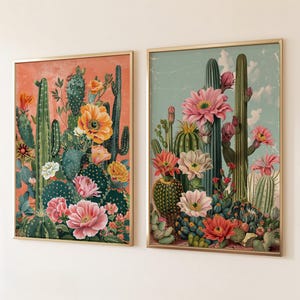 May include: Two framed botanical prints featuring vibrant illustrations of cacti and flowers in shades of pink, yellow, green, and red. The prints have a vintage aesthetic and are set against a light background.