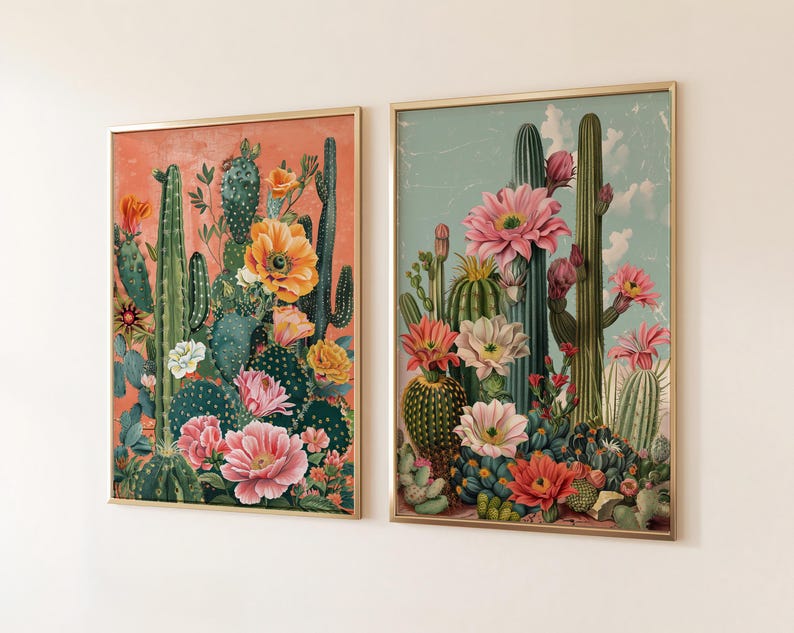 May include: Two framed botanical prints featuring vibrant illustrations of cacti and flowers in shades of pink, yellow, green, and red. The prints have a vintage aesthetic and are set against a light background.
