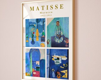 May include: A framed art print featuring a collage of four paintings by Henri Matisse. The paintings depict scenes from Morocco, including a woman in a blue robe, a window with a view of the sea, and a street scene. The title "MATISSE" and "Morocco 1912-1913" are printed in gold lettering at the top of the print.