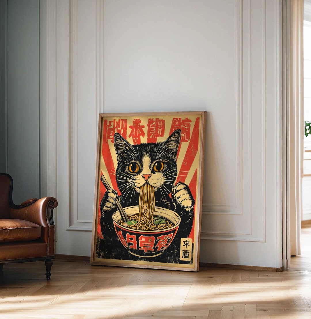 Retro Japanese Cat Ramen Poster - Vintage-style Wall Art Featuring Cute ...