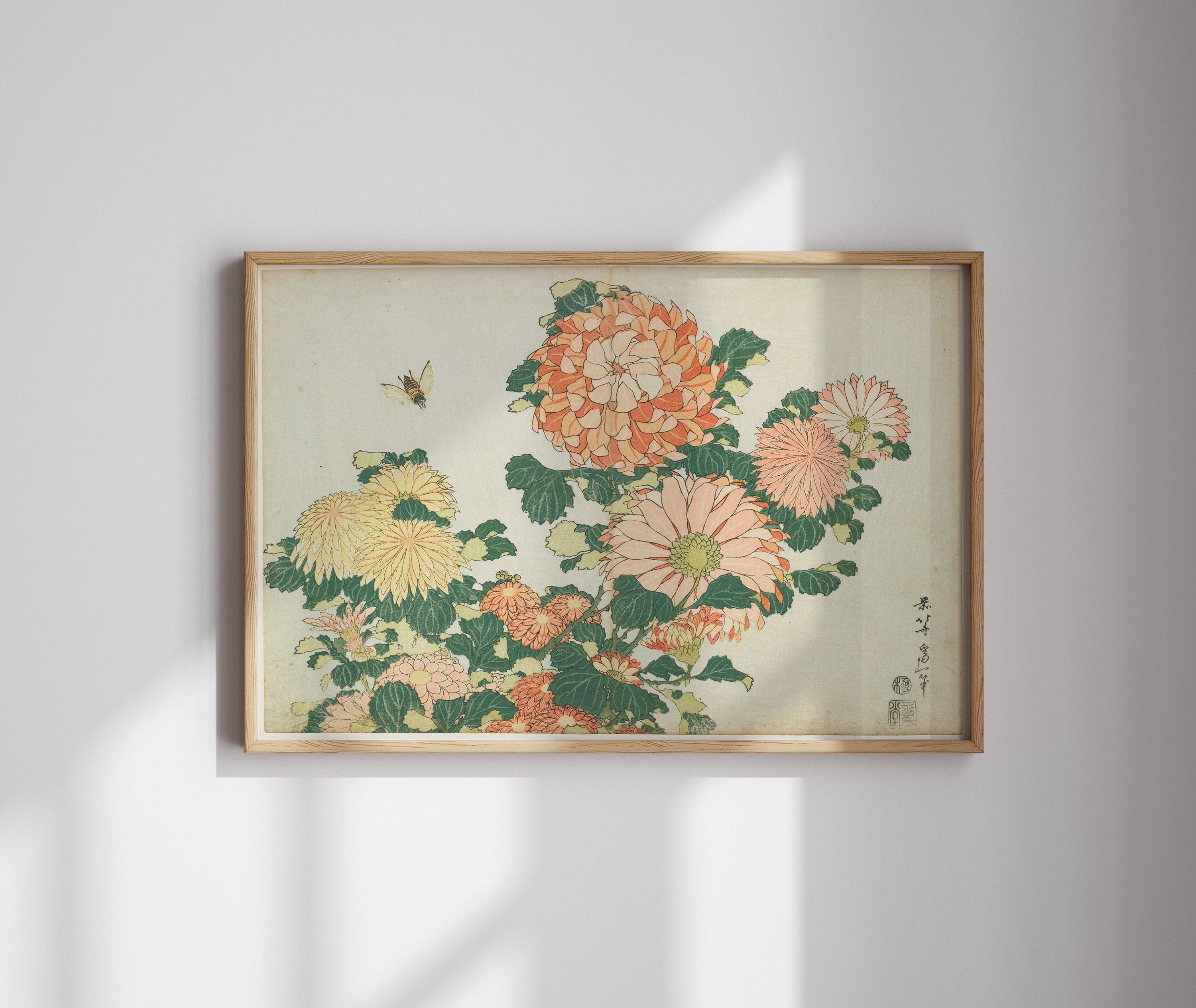 Vintage Japanese Print, Chrysanthemums and Horsefly Poster, Floral