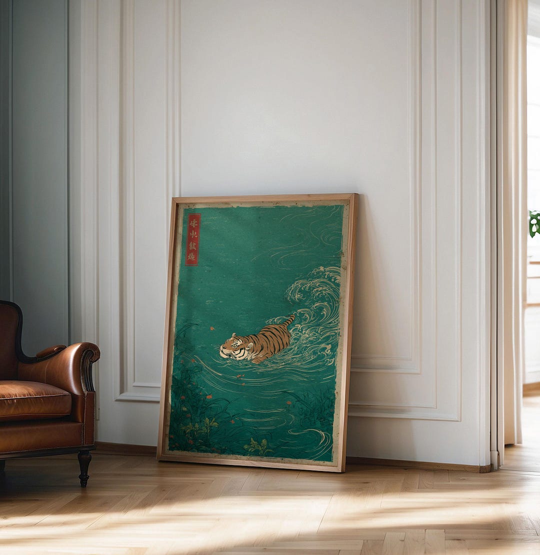Japanese Tiger Swimming Print, Vintage Ukiyo-e Style Wall Art ...