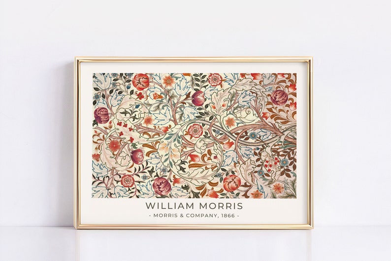 May include: A framed print of a vintage floral pattern in shades of red, orange, green, and blue. The print features the text "WILLIAM MORRIS - MORRIS & COMPANY, 1866 -."