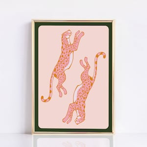 Impression vintage rétro guépard, affiche guépard, art mural vintage vert et rose audacieux, décoration murale éclectique, art guépard rose, idée cadeau