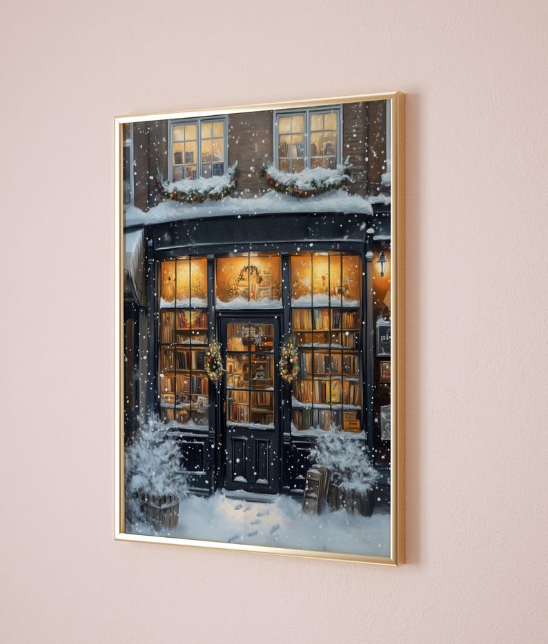 May include: A painting of a bookstore with a black storefront and windows filled with books. The store is decorated for Christmas with wreaths and garlands. It is snowing outside.