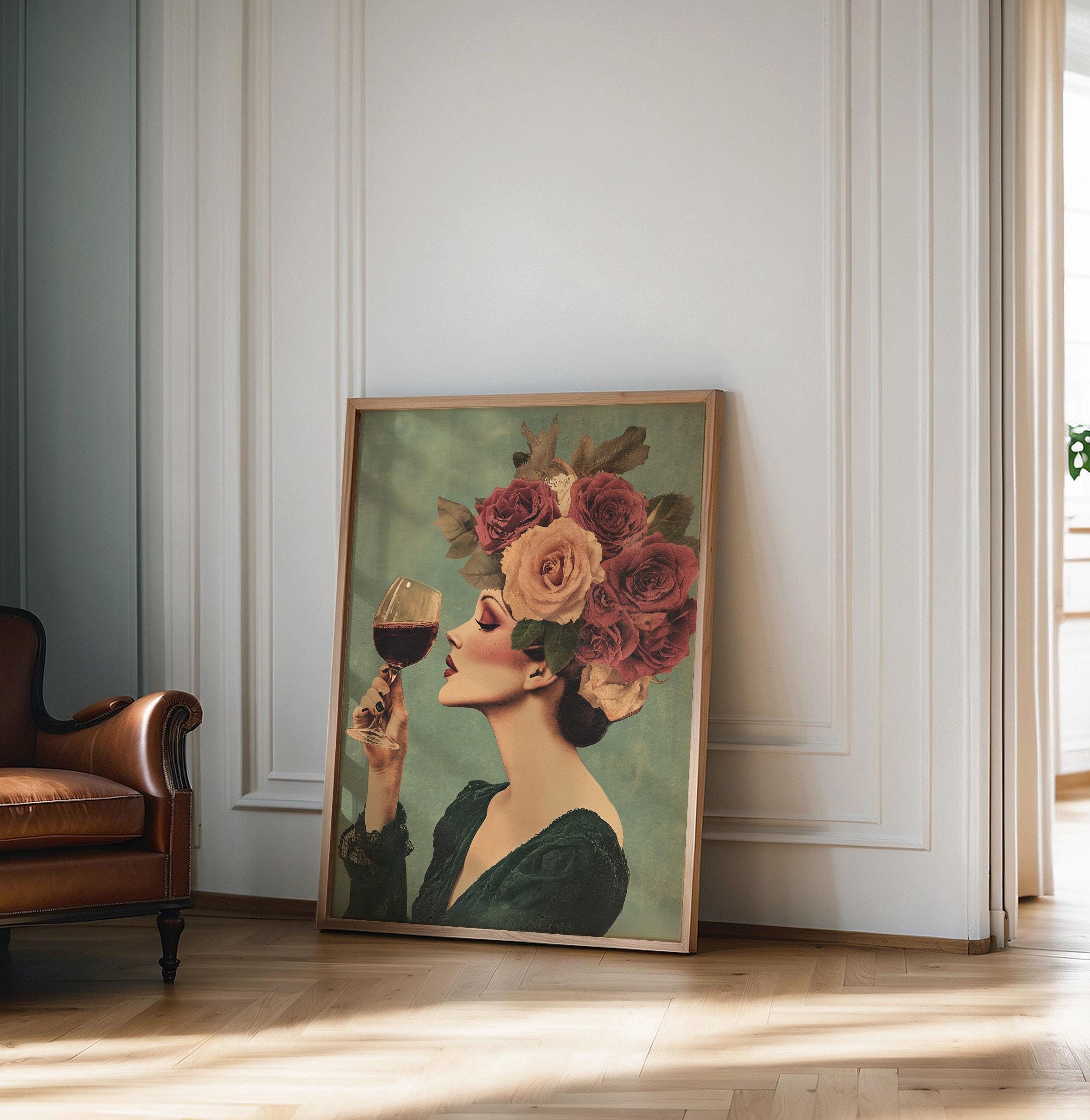 Vintage Woman Wall Art With Roses and Wine, Retro Floral Home Decor ...