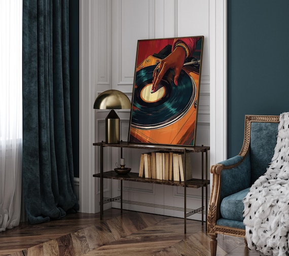 Vintage Turntable Art, Black Woman Art, African American Music