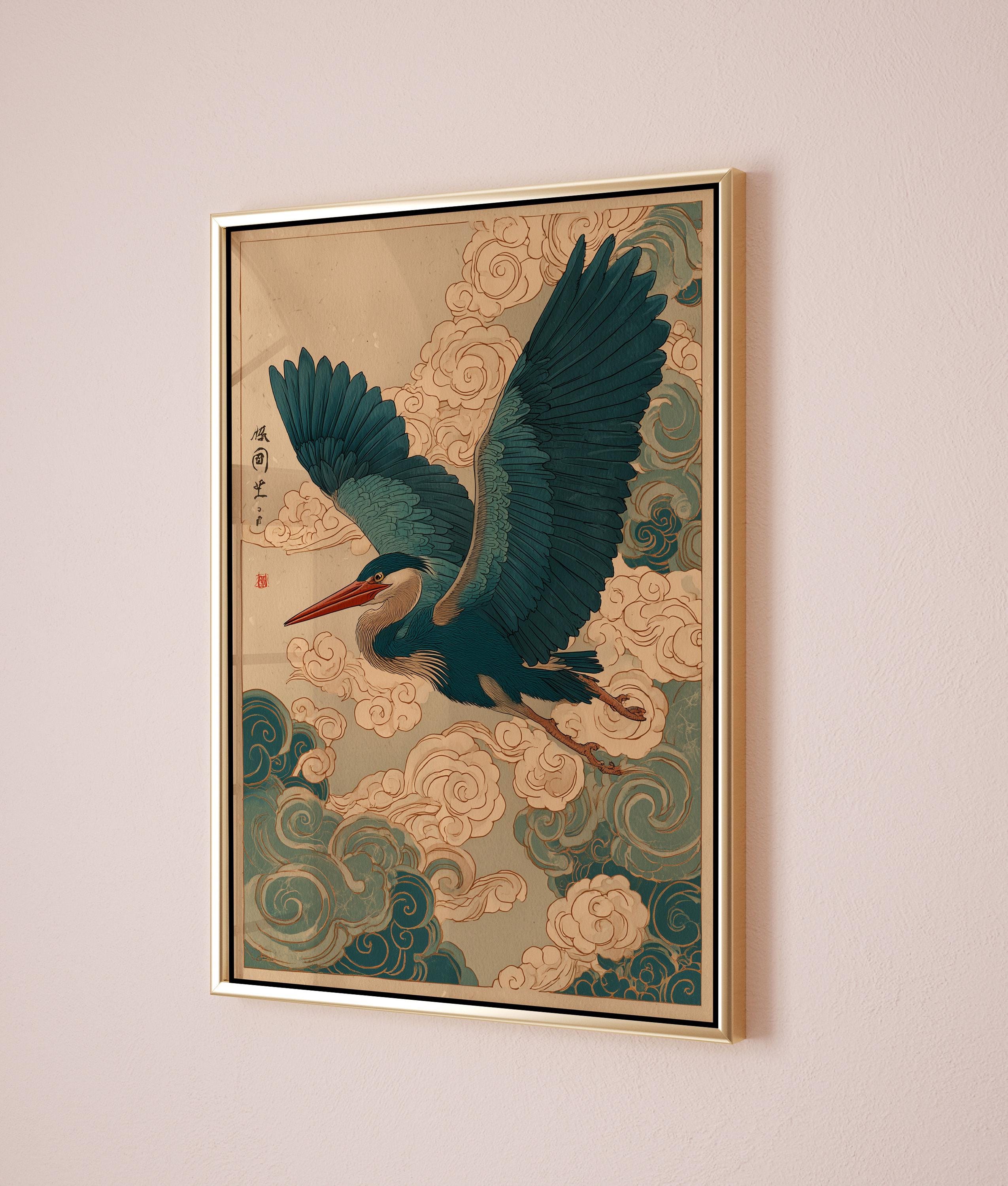 Japanese Crane in Swirling Cloud Skies, Woodblock Poster, Crane