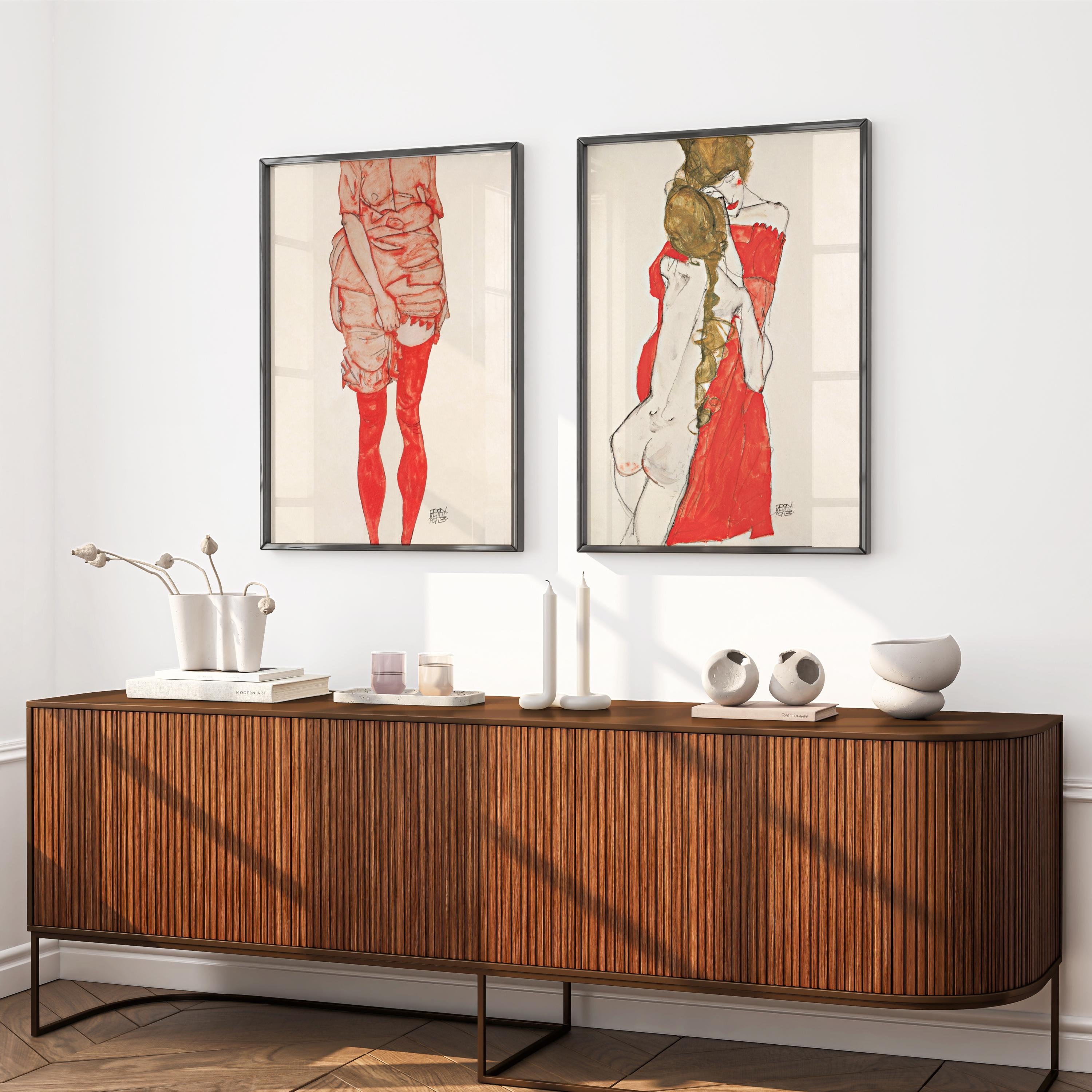SET OF 2 Egon Schiele prints, Standing Woman in Red and Mother and Dother wall art decor poster, Vintage Decor, Gift Idea, Bedroom Wall Art