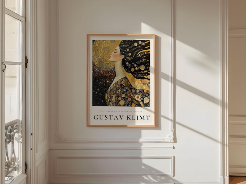 May include: A poster featuring a painting by Gustav Klimt. The painting depicts a woman with long flowing hair and a golden dress. The background is a mix of gold, black, and white.
