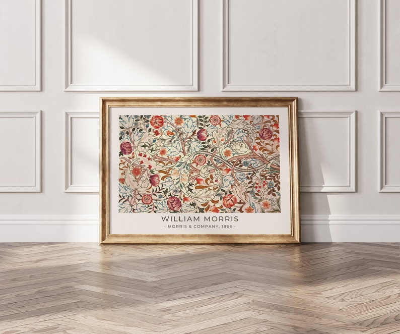 May include: A framed print of a floral pattern with red, pink, and green flowers and leaves. The print is titled "William Morris - Morris & Company, 1866."