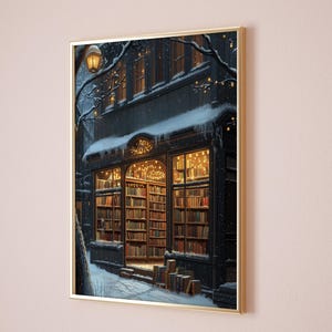 May include: A snowy night scene with a bookstore storefront lit up with string lights. The windows are filled with bookshelves and the door is open, revealing more bookshelves inside. There are stacks of books on the sidewalk in front of the store.