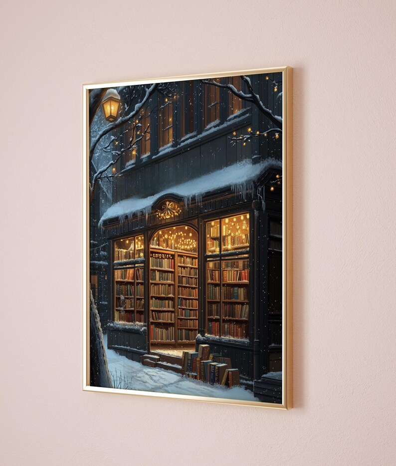 May include: A snowy night scene with a bookstore storefront lit up with string lights. The windows are filled with bookshelves and the door is open, revealing more bookshelves inside. There are stacks of books on the sidewalk in front of the store.