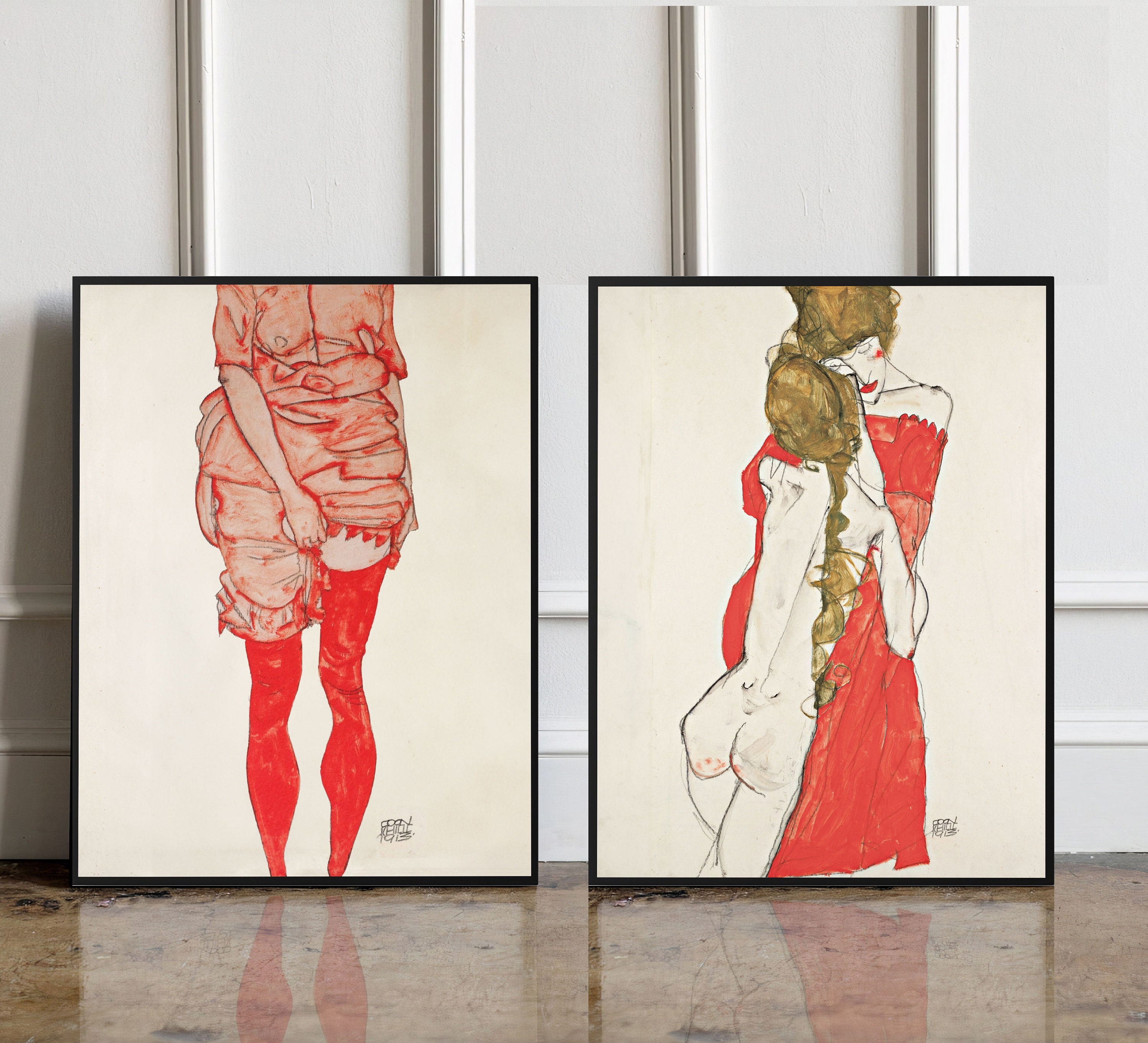 エゴン・シーレの版画2枚セット、「赤い服を着た立つ女性」と「母と娘