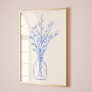 Blaue Blumen Stillleben Zeichnung, Vintage Land Blumengeschenk für Sie, Mitte des Jahrhunderts Botanische, Blumenstrauß Kunstdruck, feine Linie Blumenkunst