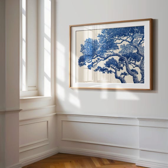 Vintage Oak Tree Print, Linocut Forest Wall Art, Blue Woodland Landscape Painting, Botanical Decor, Moody Tree Poster, Nature Art Prints