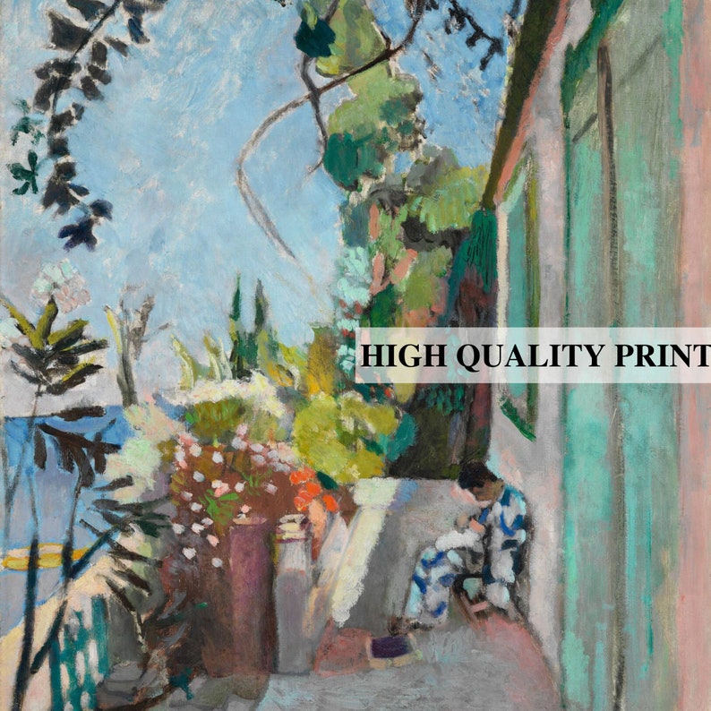 May include: A painting of a woman sitting on a porch with a view of the ocean. The woman is wearing a blue and white striped dress. The porch is surrounded by lush green foliage and a white wall. The sky is blue and cloudy.