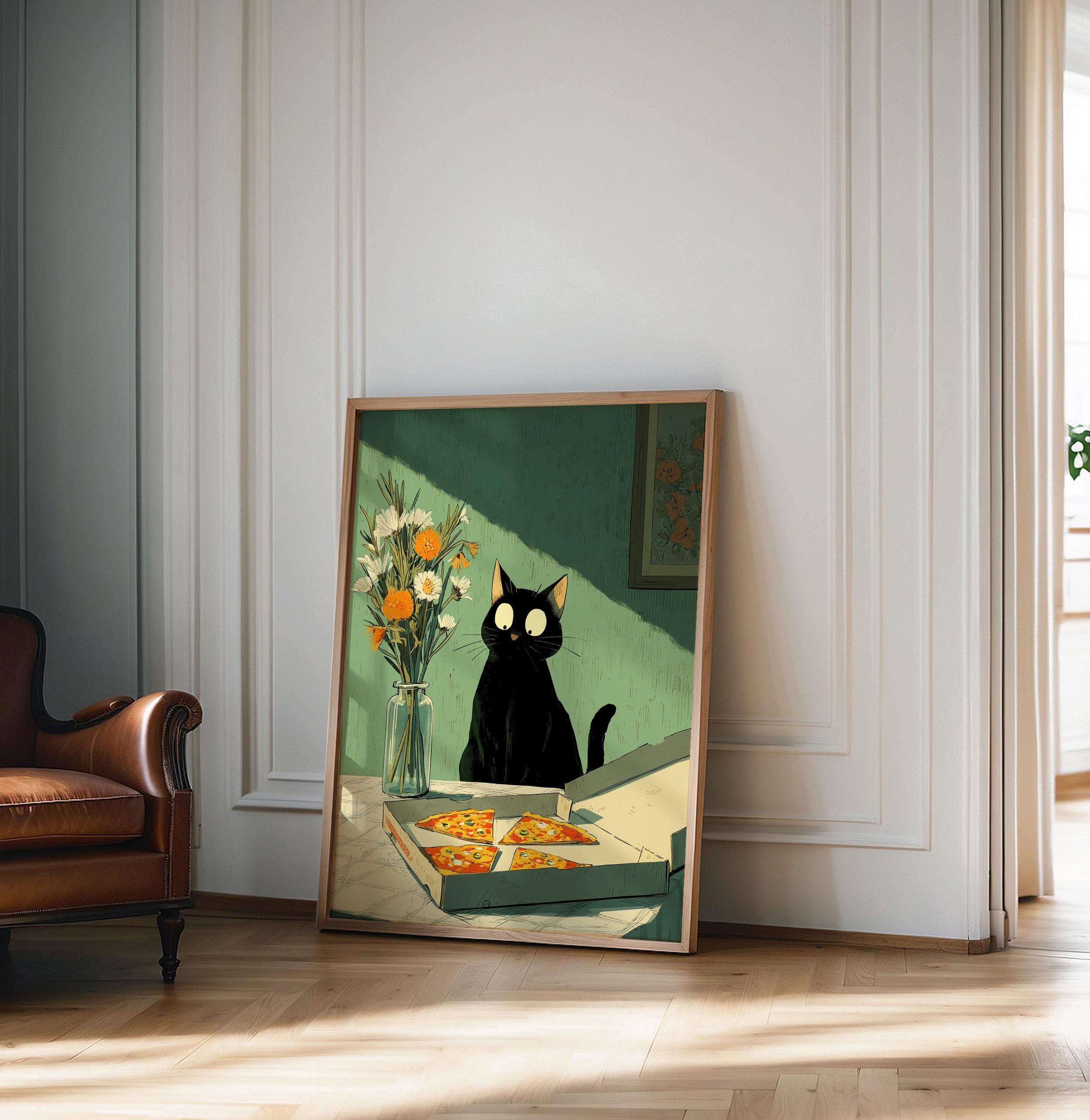 Black Cat With Pizza Print, Whimsical Funny Wall Art Print