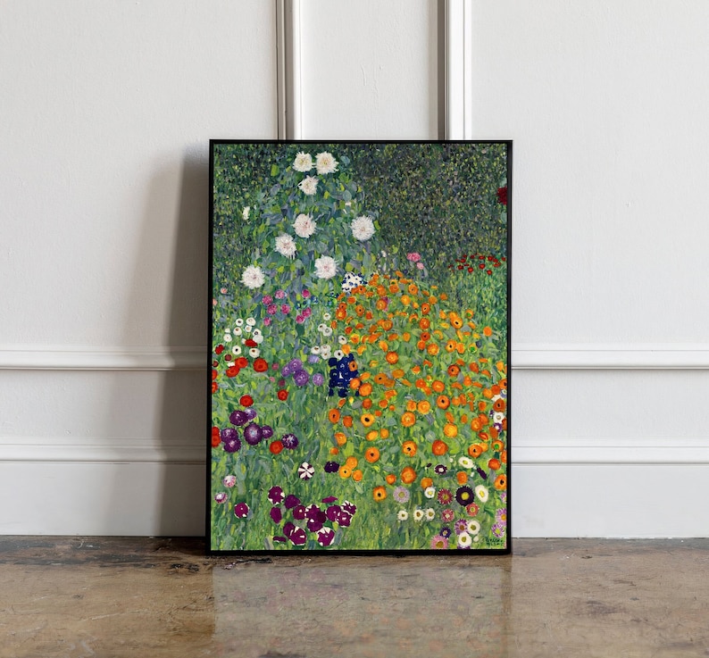 May include: A painting of a garden with a variety of flowers in shades of white, orange, yellow, purple, and red. The flowers are arranged in a cluster in the center of the painting, with green foliage surrounding them.