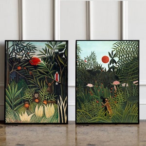 SET OF 2 Henri Rousseau Prints, Virgin Forest with Sunset Print, Monkeys and Parrot Print, Jungle tropical poster, Tropical wall art