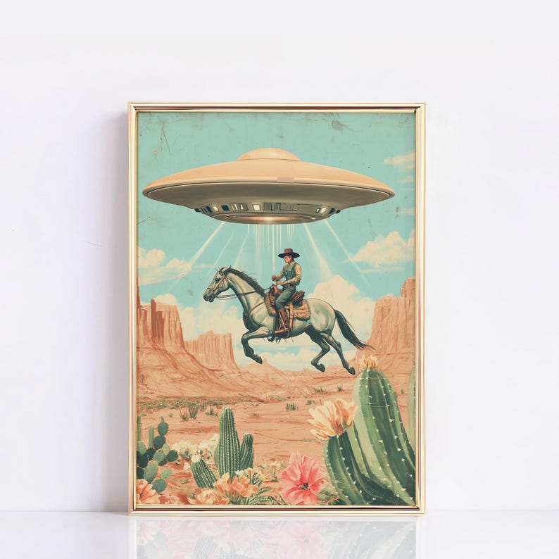 UFO COWBOY Fine Art, WESTERN Americana Poster Print, Retro Sci-fi Home ...