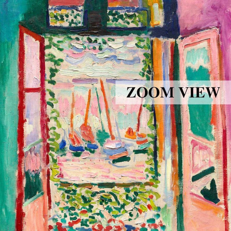 Puede incluir: Una pintura de una ventana con vista a un puerto. La ventana est&aacute; enmarcada en rojo y rosa, y la vista muestra un cielo rosa y azul con nubes blancas. Hay varios veleros en el puerto, y el agua es de color azul claro.
