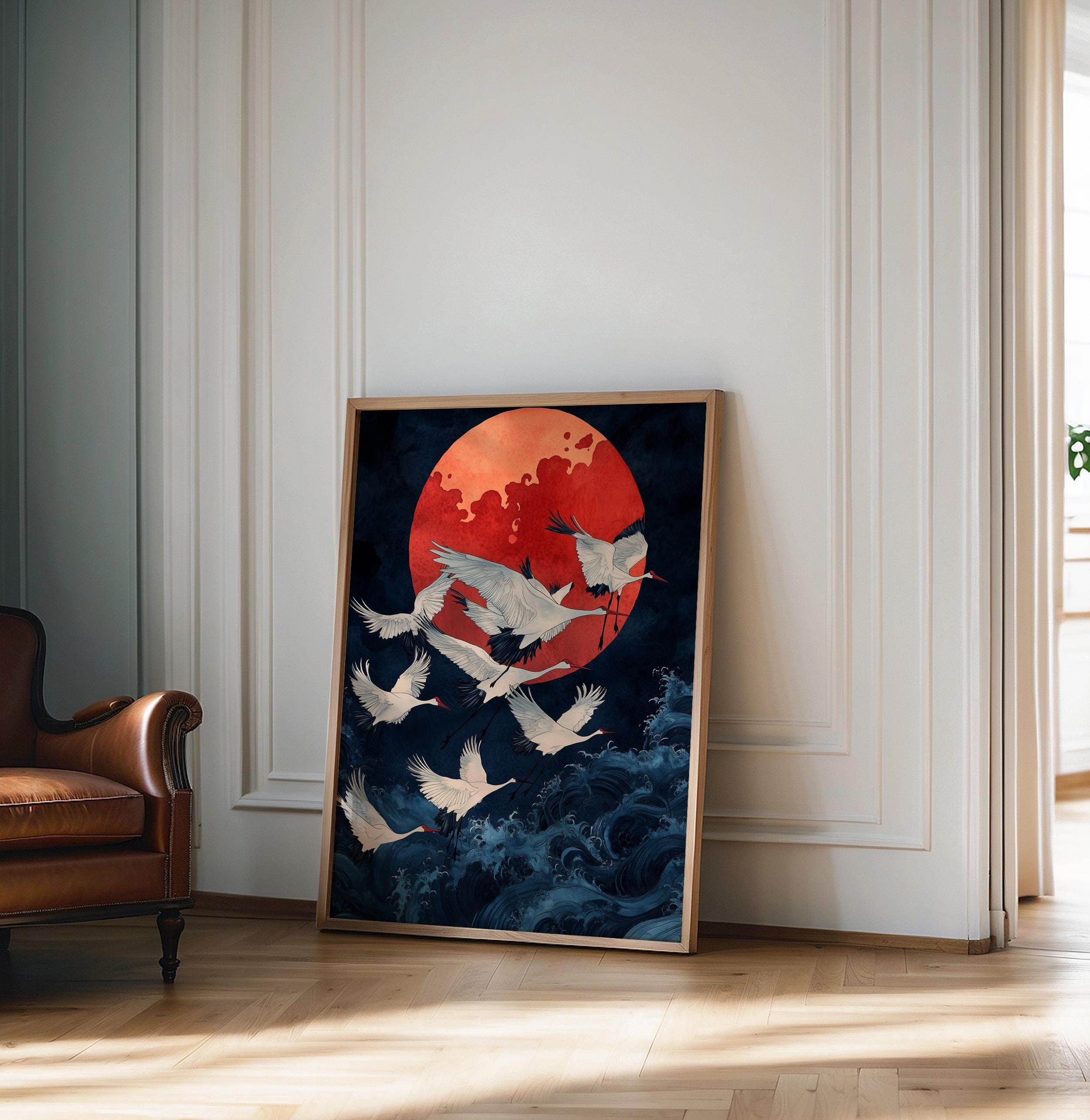 Blue and Gold Japanese Wall Art, Flying Cranes Japanese Print