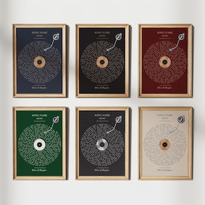 May include: Six framed prints of song lyrics displayed on a white background. Each print features a different color background: navy blue, black, burgundy, green, black, and beige. The lyrics are arranged in a circle to resemble a record with a needle and record player arm.