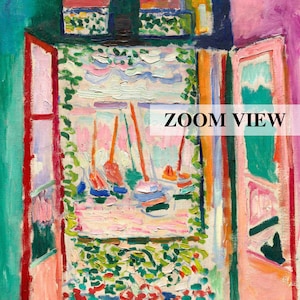 May include: A painting of a window with a view of a harbor. The window is open and there are boats in the water. The painting is done in a colorful style with bright colors and thick brushstrokes.