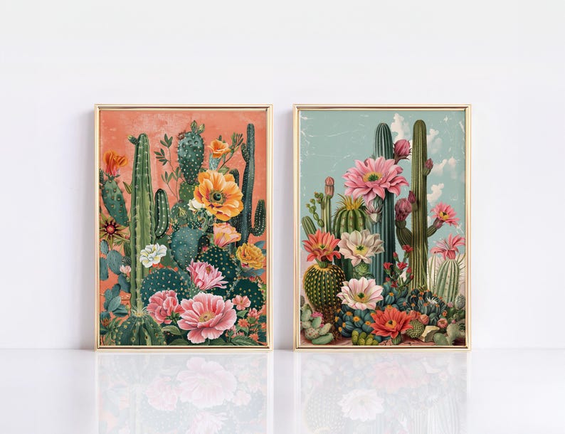 May include: Two framed prints of vintage botanical illustrations featuring cacti and flowers. The print on the left has a pink background and the print on the right has a blue background.