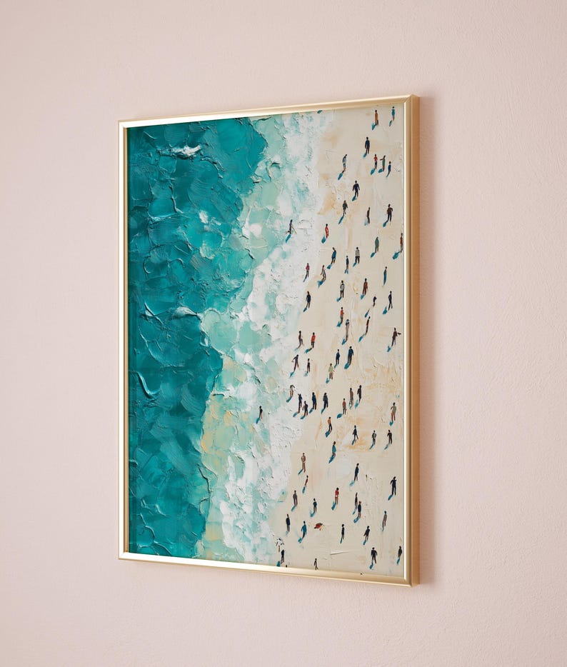May include: A framed painting depicting a beach scene with turquoise water and white sand. The painting shows a large group of people walking along the beach, viewed from above.