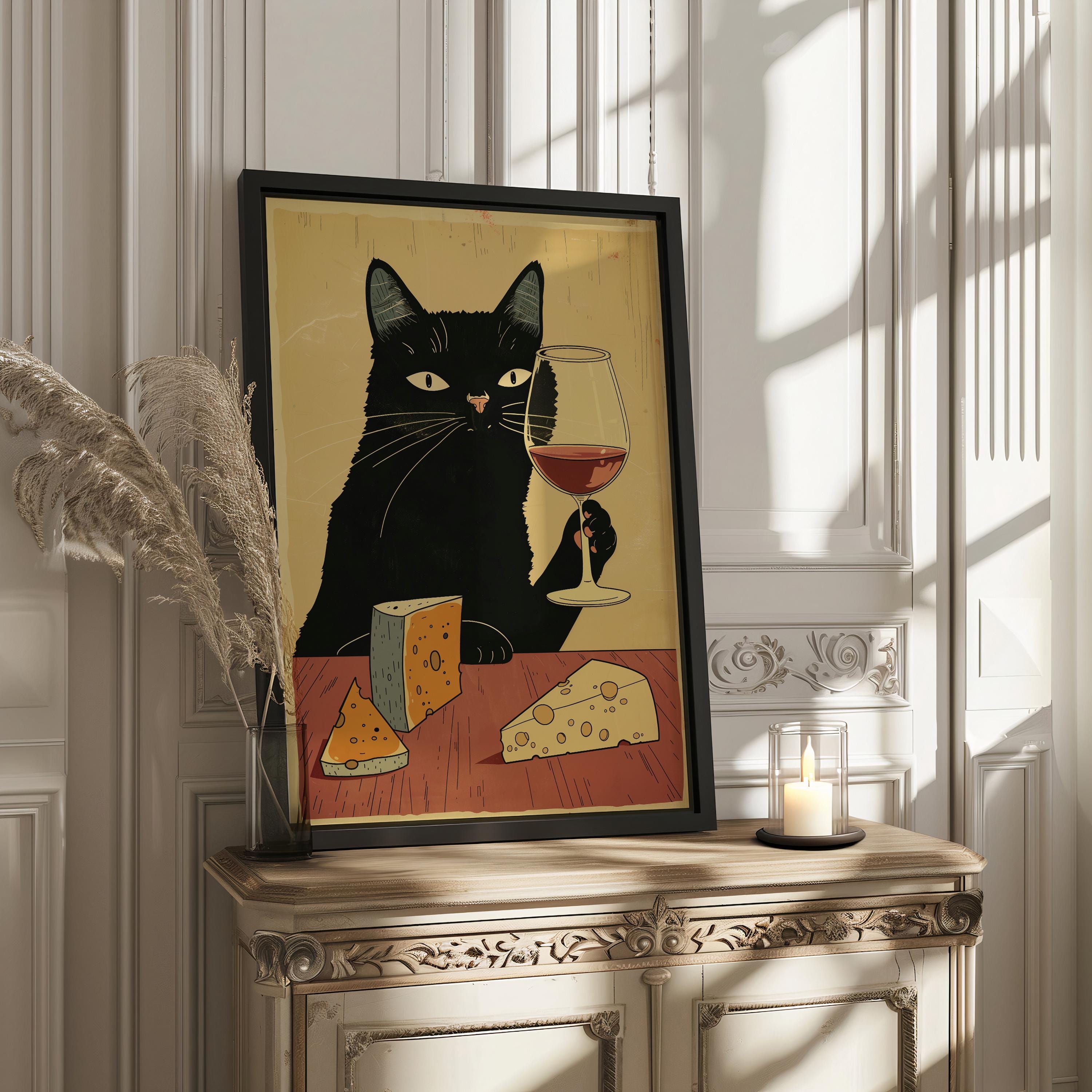 Vintage Black Cat With Wine Poster, Bar Decor Wall Art, Kitchen Wall ...