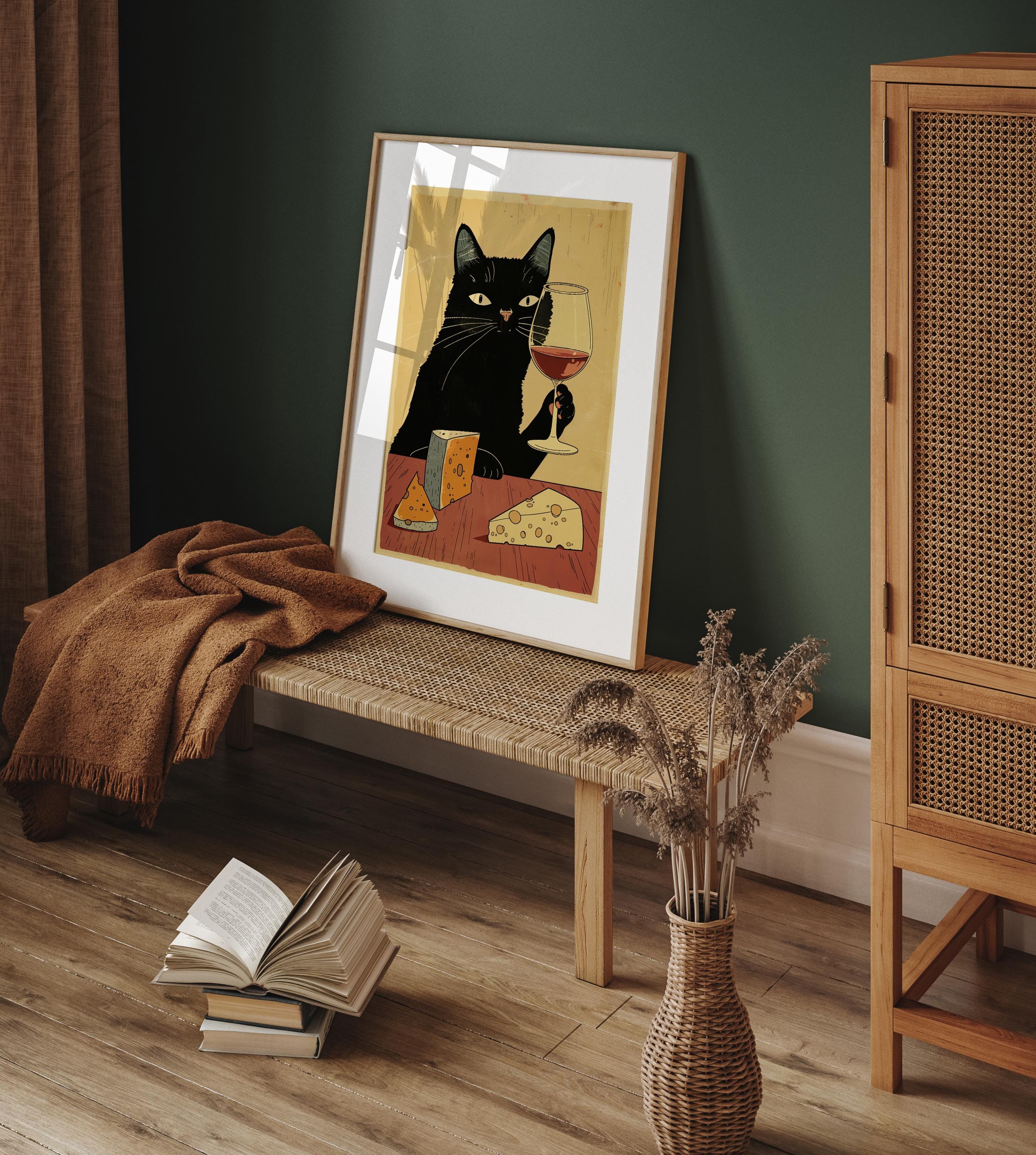 Vintage Black Cat With Wine Poster, Bar Decor Wall Art, Kitchen Wall ...