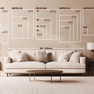 May include: A diagram showing different aspect ratios and sizes of prints, including 4:5, 3:4, 2:3, and 5:7. The diagram also includes standard ISO paper sizes A1, A2, A3, and A4. The diagram is displayed on a wall above a white couch and a side table with a lamp.