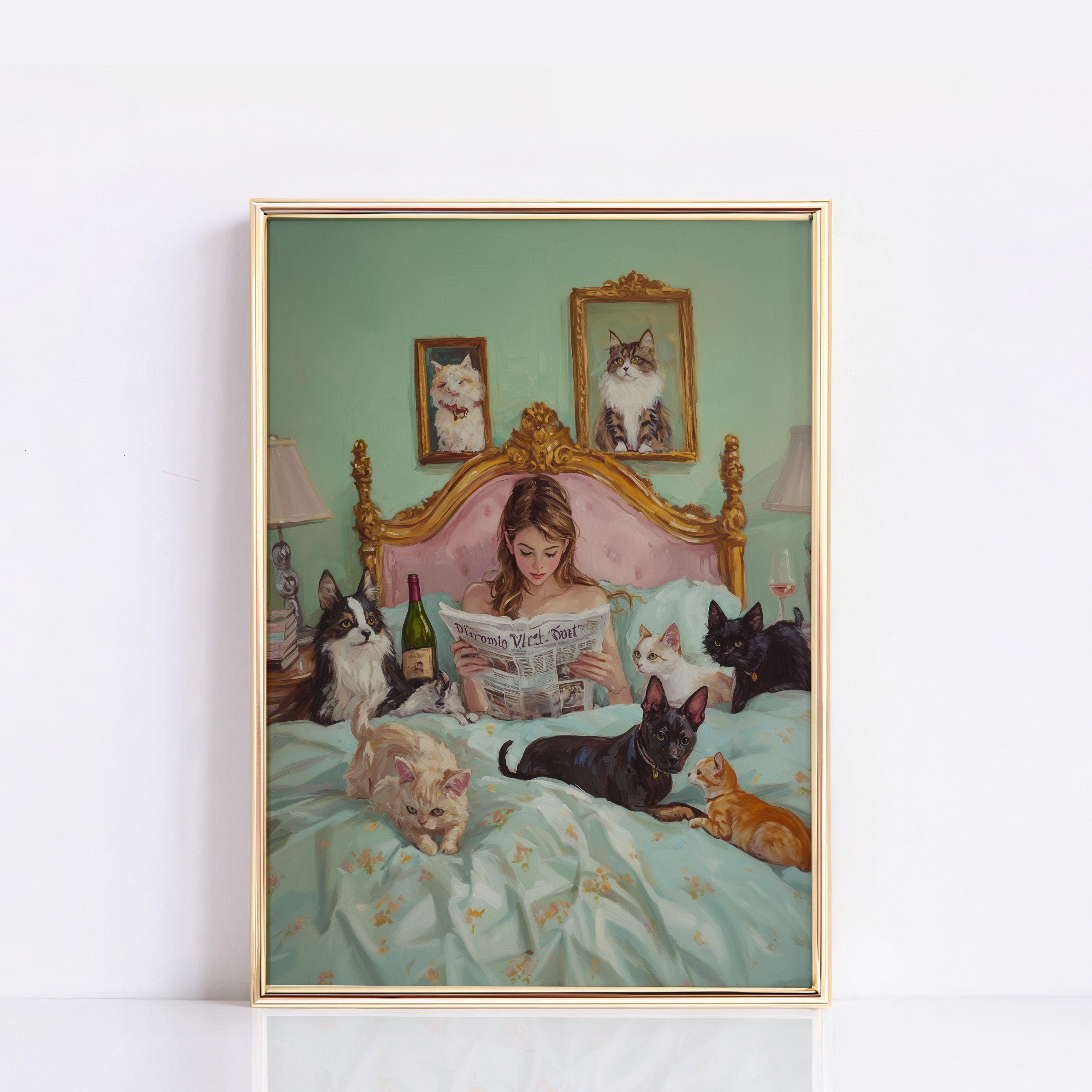 Whimsical Cat Lover Art Print – Woman Reading with Cats Illustration – Bedroom Wall Art for Cat Moms – Vintage-Style Cat-Themed Decor