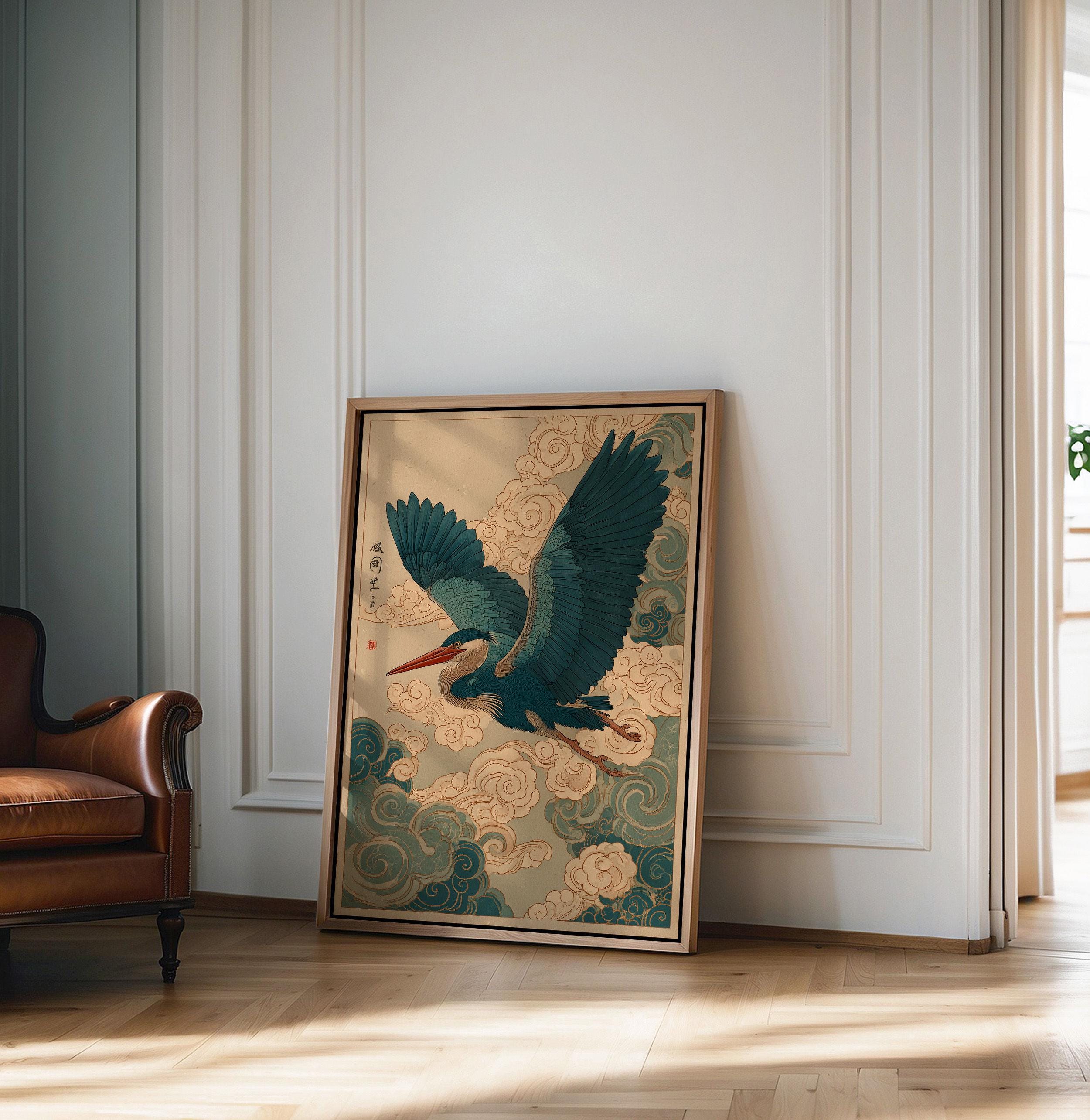 Japanese Crane in Swirling Cloud Skies, Woodblock Poster, Crane