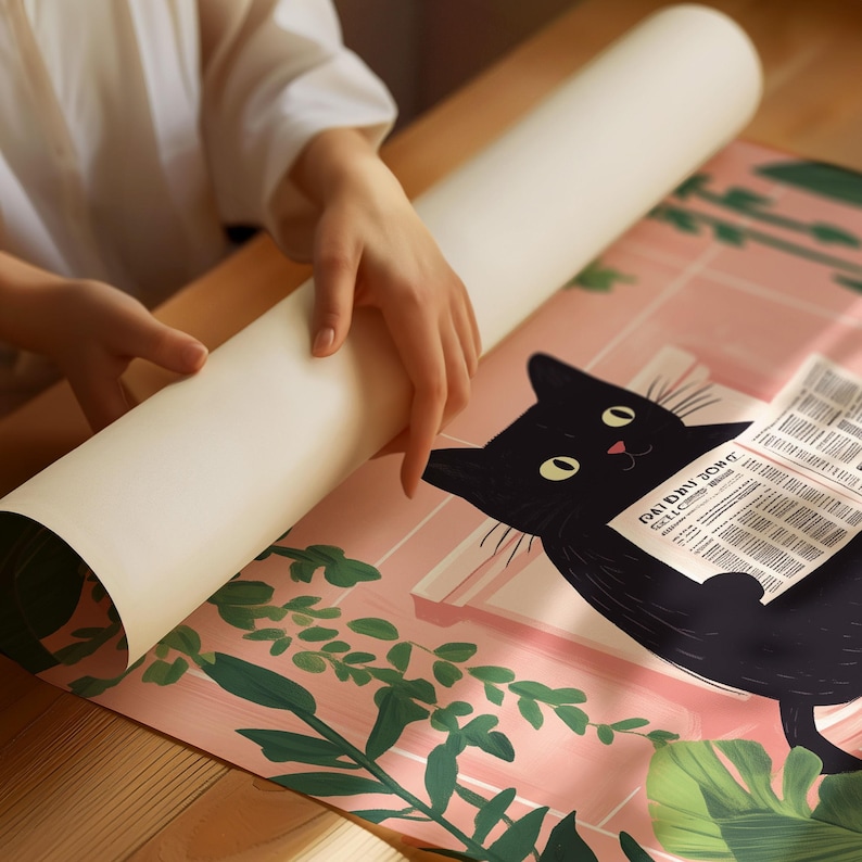 May include: A pink and green poster with a black cat reading a newspaper. The newspaper headline reads "PAI D'NI ZOMG!" and the poster has a tropical plant design.