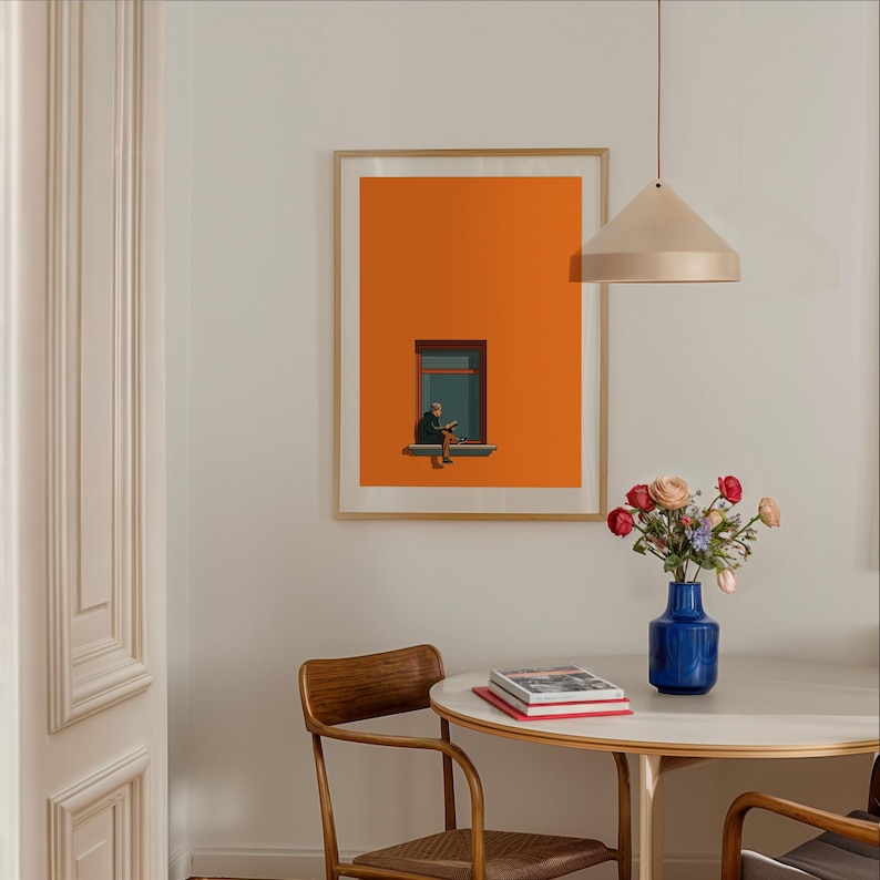 Arte minimalista naranja para pared, pintura decorativa estética para el hogar, estampado cálido y soleado, póster para amantes de los libros, decoración que estimula la dopamina imagen 10